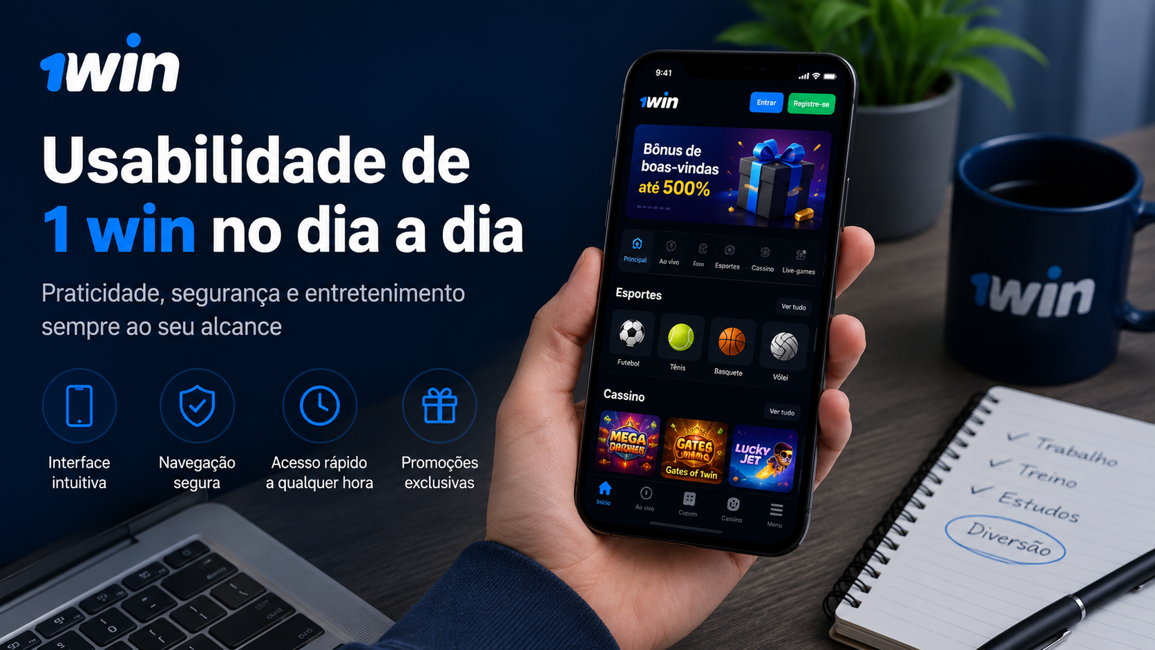 Banner de divulgação 1win mostrando smartphone com o app de apostas e esportes, enfatizando usabilidade diária.