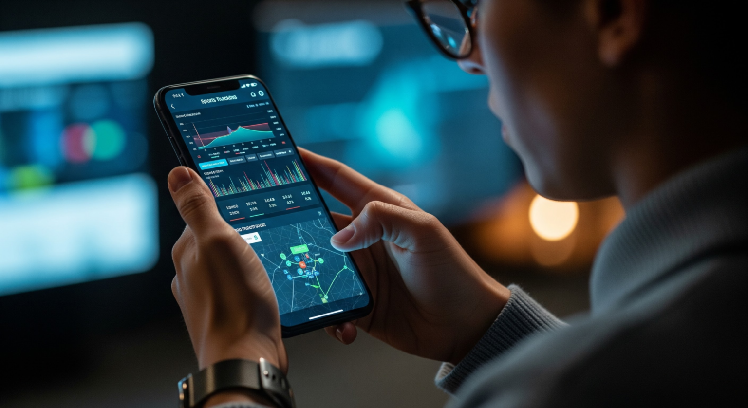 Close-up of hands holding a smartphone displaying analytics with line charts and a map on a blue-lit screen in a dark room