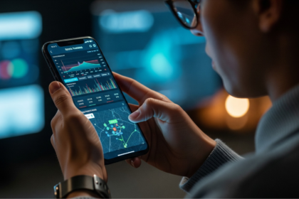 Close-up of hands holding a smartphone displaying analytics with line charts and a map on a blue-lit screen in a dark room