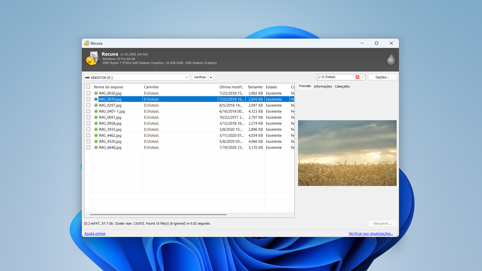 Recuva data recovery window with a list of JPG files on drive E: - shows file names (IMG_0030.jpg, IMG_0039.jpg, etc.) and path E:otos, status Excelente, size ~3–5 KB; preview pane on right.