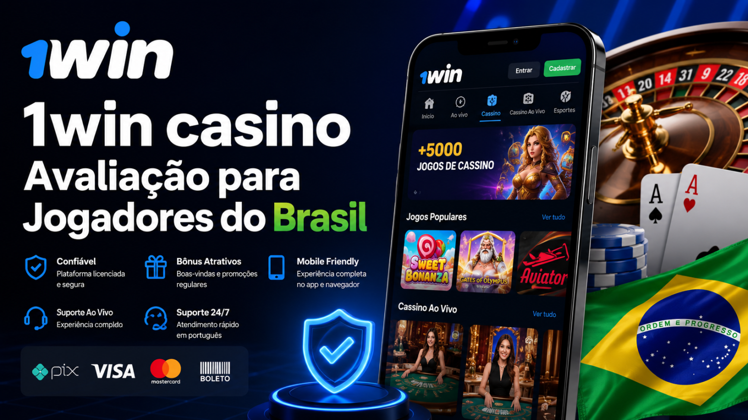 Promo banner for 1win casino in Brazil showing a smartphone app screen, roulette wheel, and Brazilian flag in a dark blue background.