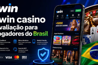 Promo banner for 1win casino in Brazil showing a smartphone app screen, roulette wheel, and Brazilian flag in a dark blue background.