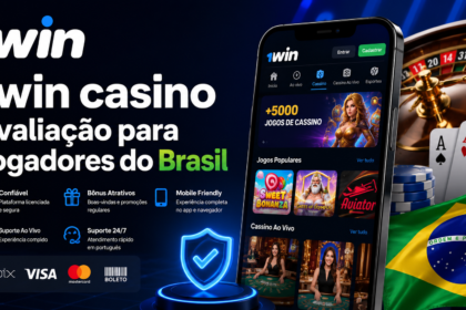Promo banner for 1win casino in Brazil showing a smartphone app screen, roulette wheel, and Brazilian flag in a dark blue background.