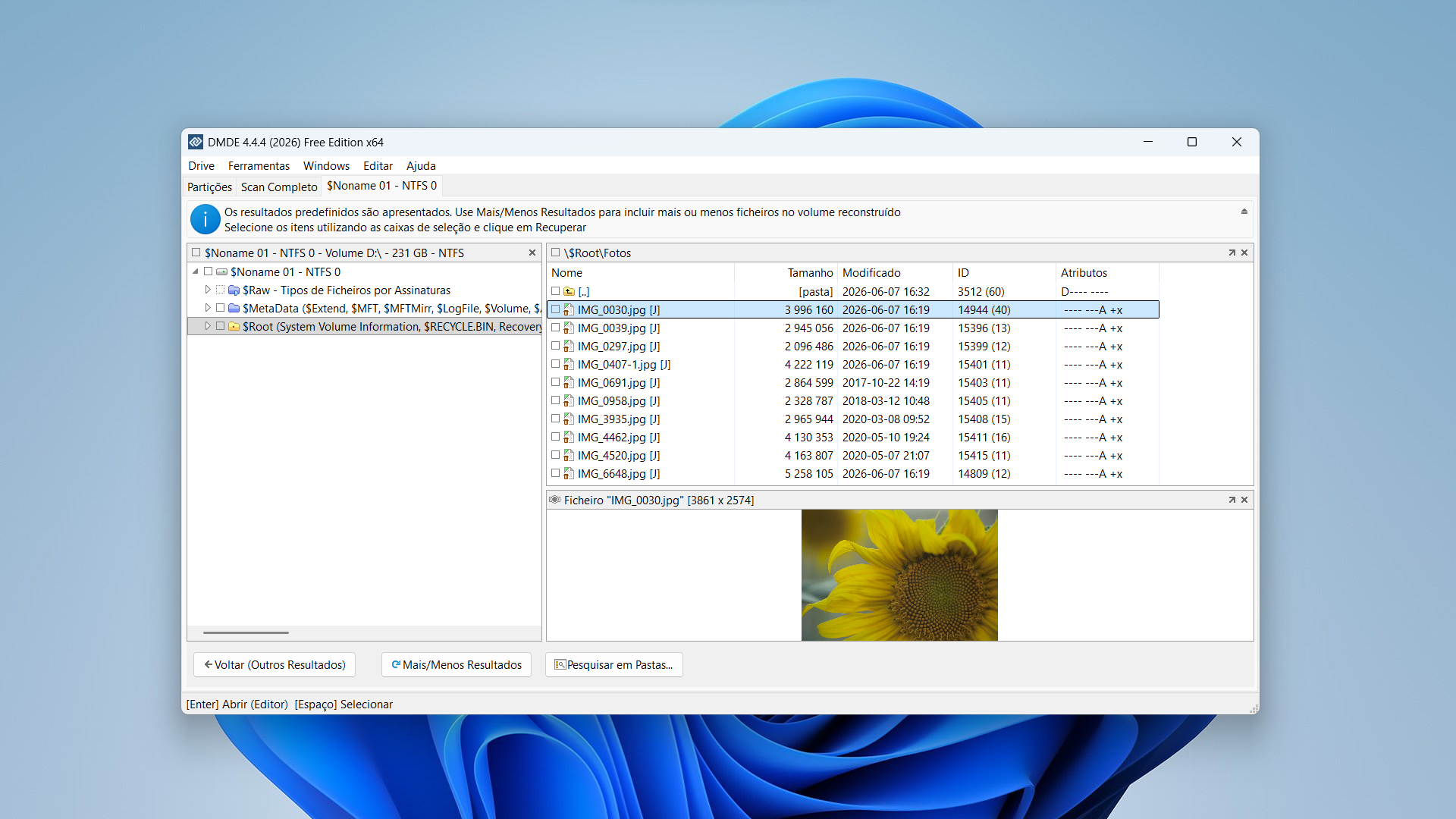 DMDE window showing a list of image files; IMG_0030.jpg (sunflower) is selected with a thumbnail visible at bottom right.