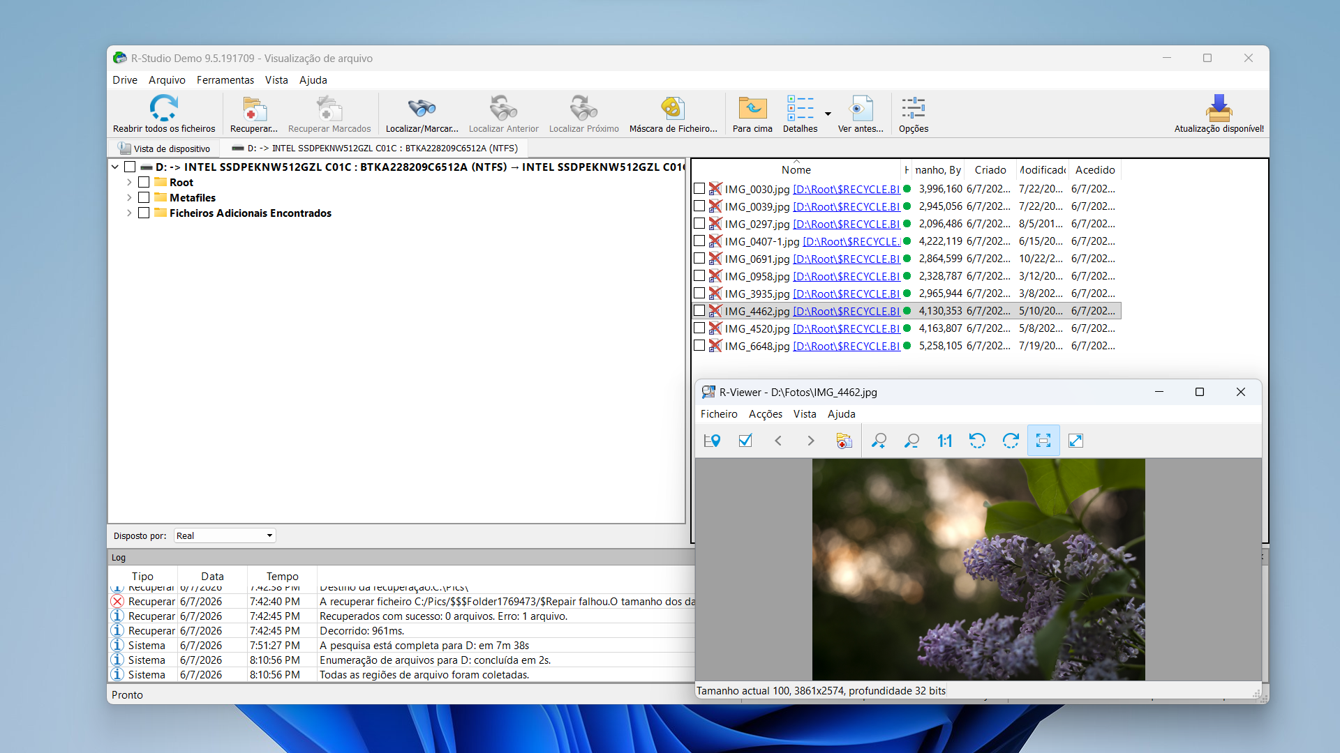 Screenshot of a file recovery app showing D: drive, folders (Root, Metafiles) and a right pane listing image files; a separate image viewer shows a close-up of purple lilac flowers.