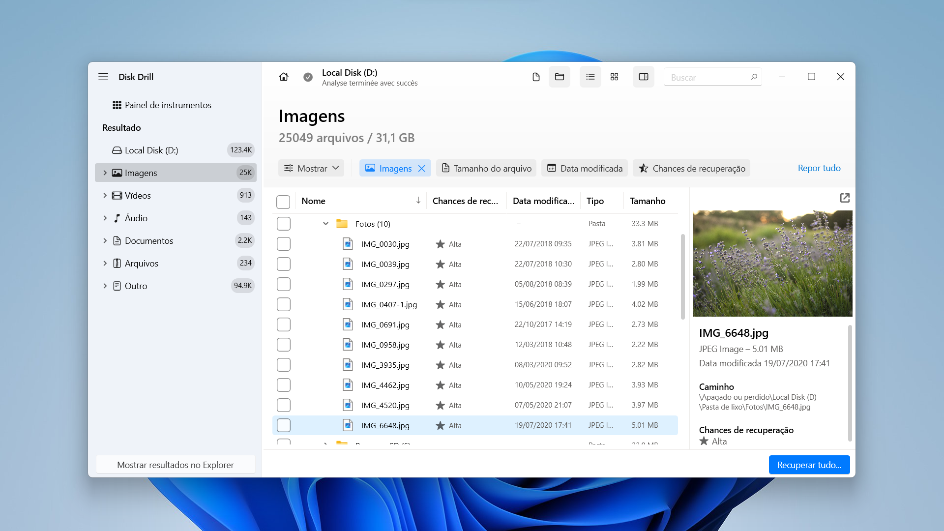 Disk Drill file manager window showing image files list with a highlighted IMG_6648.jpg and a preview pane of lavender photo on the right
