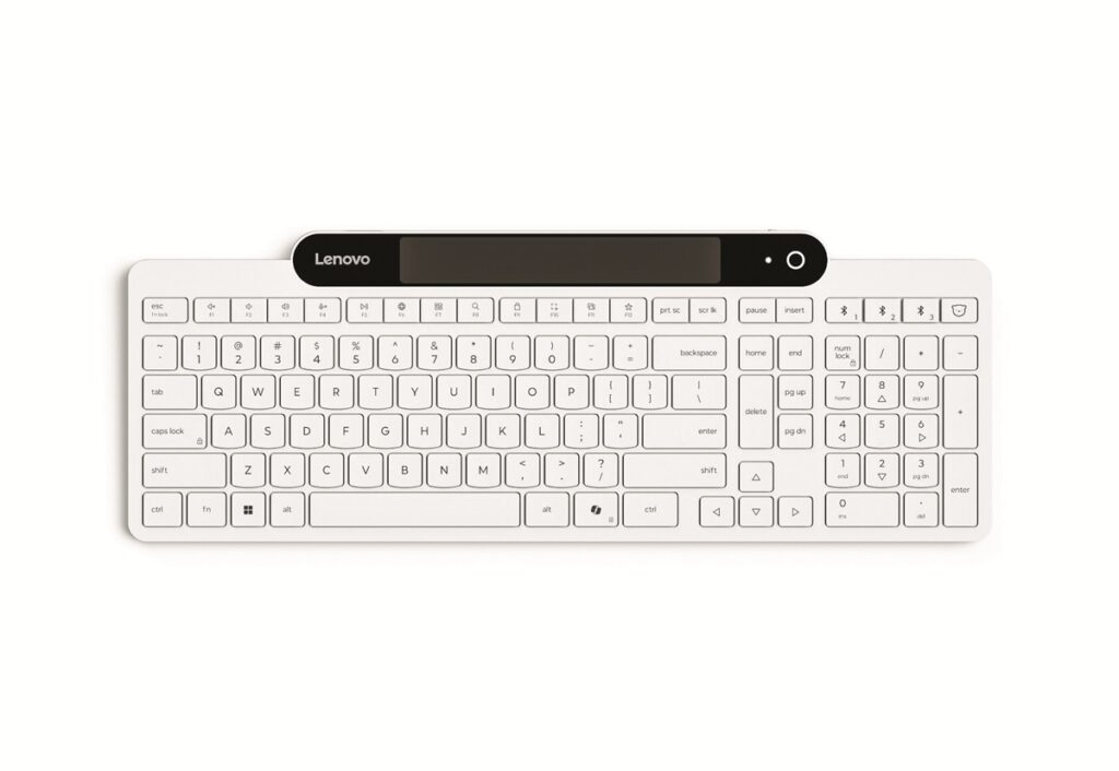 White Lenovo wireless keyboard with low-profile keys and a black top panel containing a power button on the right.