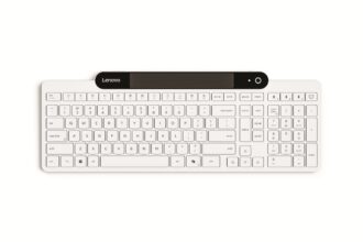 White Lenovo wireless keyboard with low-profile keys and a black top panel containing a power button on the right.