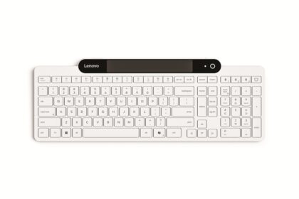 White Lenovo wireless keyboard with low-profile keys and a black top panel containing a power button on the right.