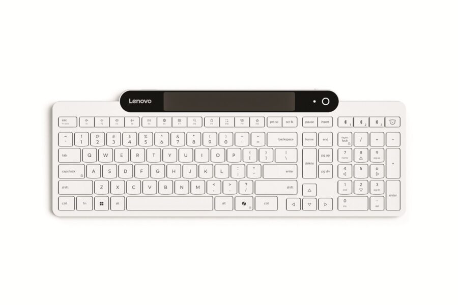 White Lenovo wireless keyboard with low-profile keys and a black top panel containing a power button on the right.