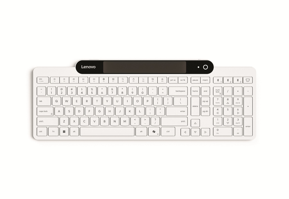 White Lenovo wireless keyboard with low-profile keys and a black top panel containing a power button on the right.