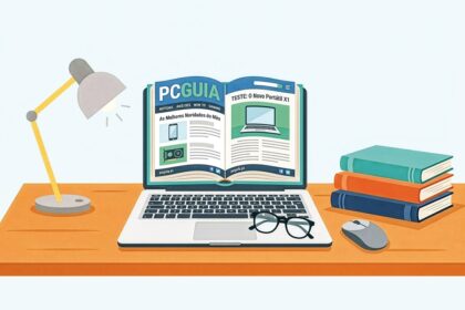 Open laptop showing a PC Guia magazine on the screen, with a reading glasses, a yellow desk lamp, a computer mouse, and a stack of books on an orange desk.