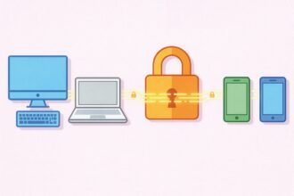 Desktop and laptop connected by a glowing line to a large padlock, with two smartphones nearby, symbolizing cybersecurity.
