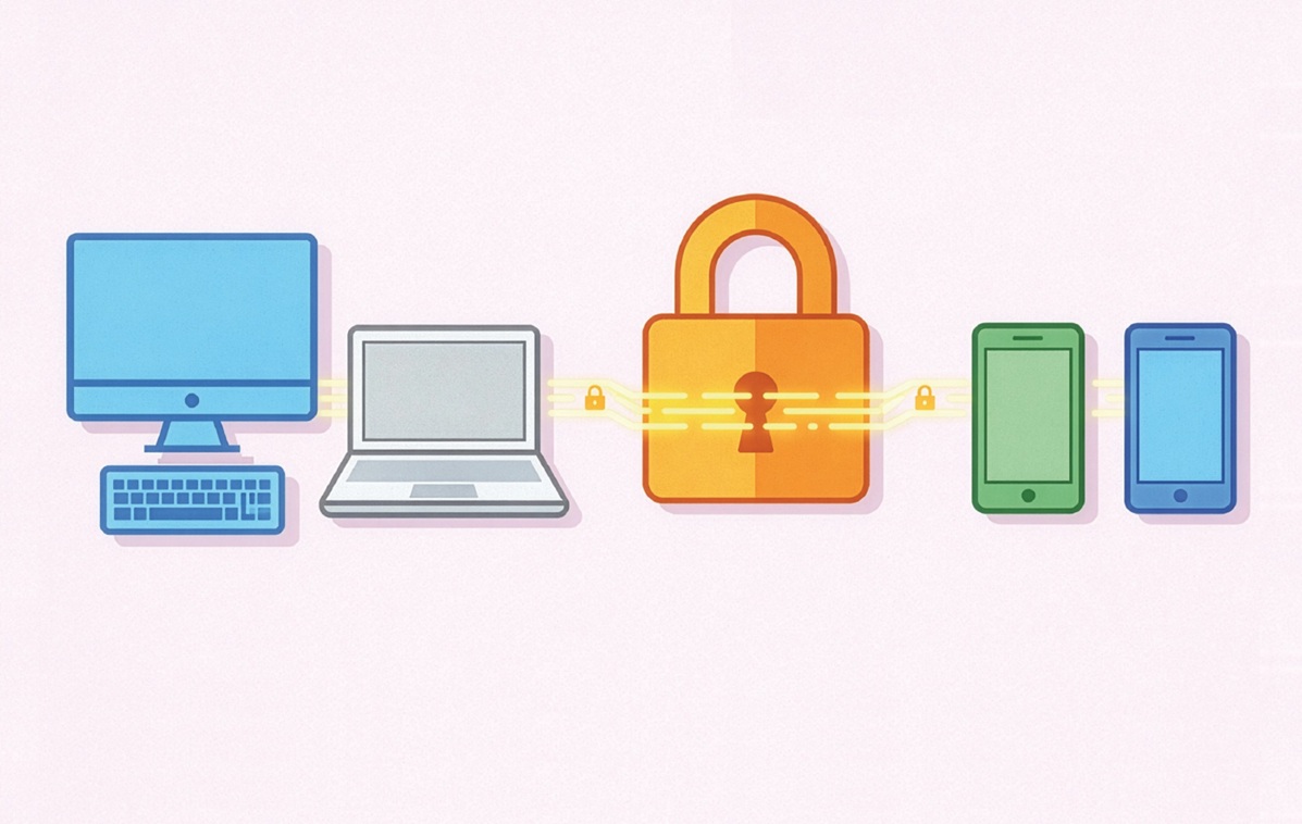 Desktop and laptop connected by a glowing line to a large padlock, with two smartphones nearby, symbolizing cybersecurity.
