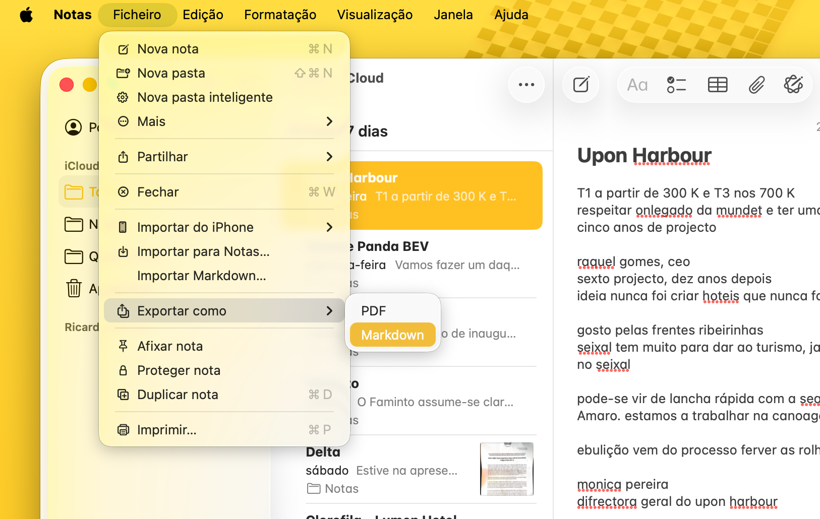 Interface of a Notes app with a yellow theme and a left context menu listing New note, New folder, Import, Export as Markdown, and print options.