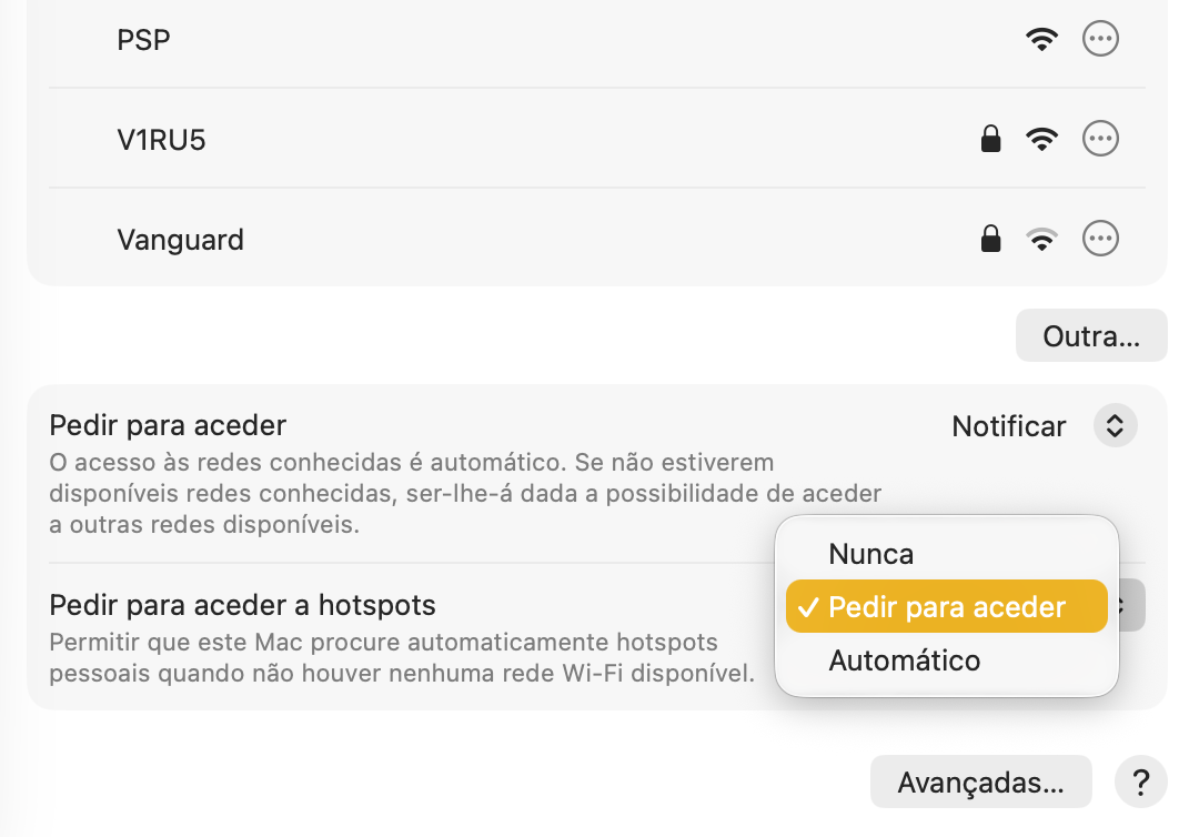 Tela de redes sem fio: lista com PSP, V1RU5 e Vanguard, botão 'Outra…' e pop‑up de permissão com 'Pedir para aceder' (selecionado), 'Nunca' e 'Automático'