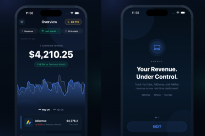 Finance app dashboard on a dark gradient screen showing Estimated Revenue $4,210.25 with a green 'vs Previous Month' badge and a blue line chart underneath.