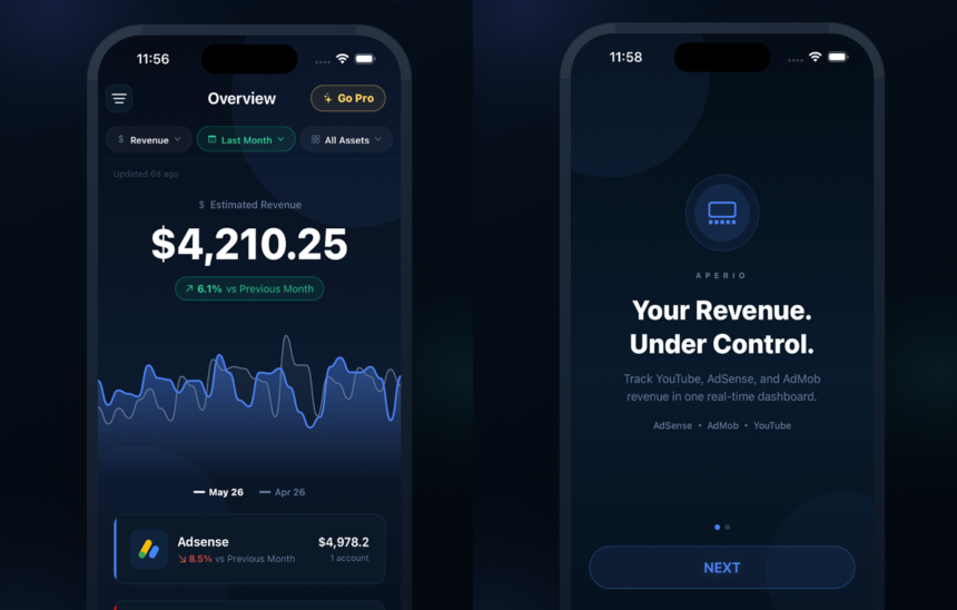 Finance app dashboard on a dark gradient screen showing Estimated Revenue $4,210.25 with a green 'vs Previous Month' badge and a blue line chart underneath.