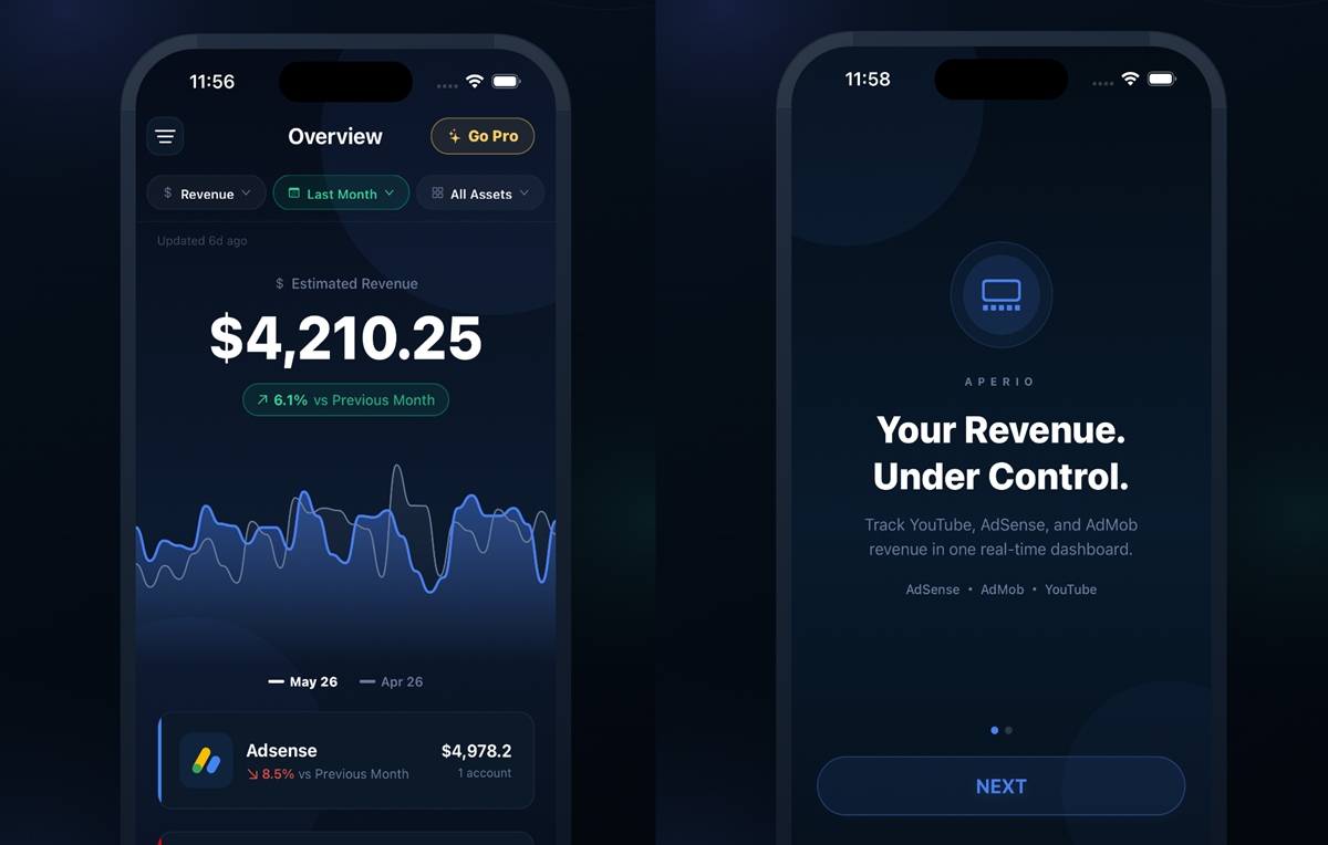 Finance app dashboard on a dark gradient screen showing Estimated Revenue $4,210.25 with a green 'vs Previous Month' badge and a blue line chart underneath.