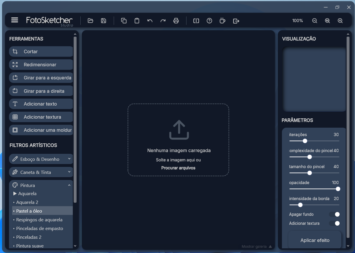 Screenshot of FotoSketcher Studio: left tools panel, center canvas showing 'Nenhuma imagem carregada' message, right panels for Visualização and Parâmetros with sliders and a preview box.
