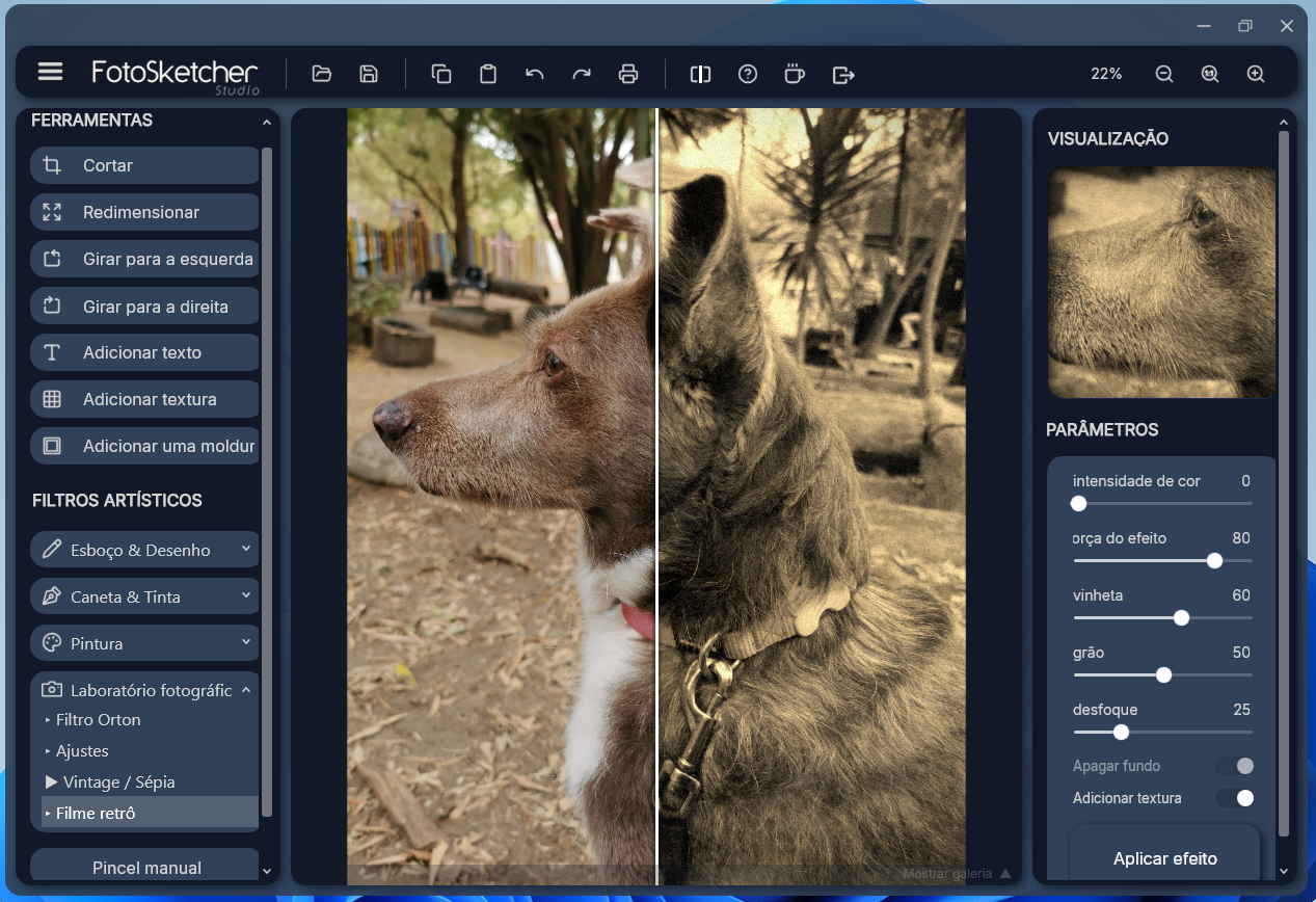Screenshot of FotoSketcher showing a dog's photo split in two: left colored, right sepia, illustrating a vintage filter effect.