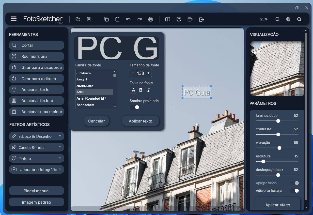 Screenshot of FotoSketcher Studio UI with a left tools panel, center canvas showing 'PC G' text, and a right panel of visual adjustment sliders.