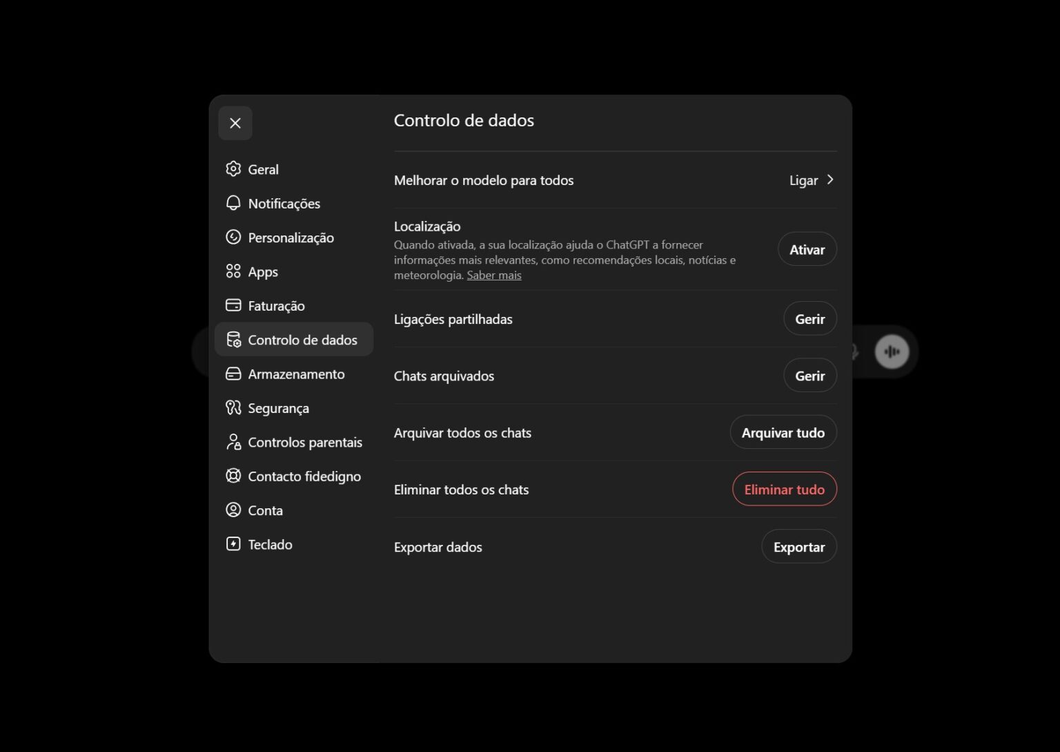 Painel de configurações em tom escuro com opções de controle de dados e botão 'Arquivar tudo' ao lado esquerdo da tela