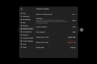 Painel de configurações em tom escuro com opções de controle de dados e botão 'Arquivar tudo' ao lado esquerdo da tela