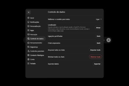 Painel de configurações em tom escuro com opções de controle de dados e botão 'Arquivar tudo' ao lado esquerdo da tela