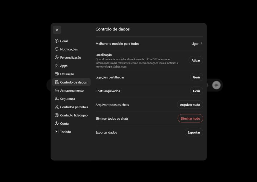 Painel de configurações em tom escuro com opções de controle de dados e botão 'Arquivar tudo' ao lado esquerdo da tela