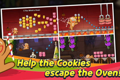 Cartoon game collage showing a gingerbread man guiding cookies toward safety from a fiery oven.