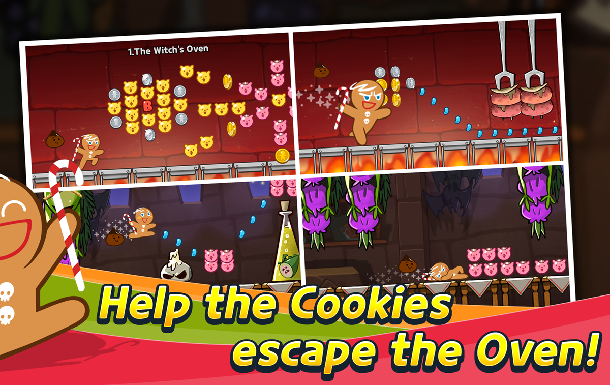 Cartoon game collage showing a gingerbread man guiding cookies toward safety from a fiery oven.