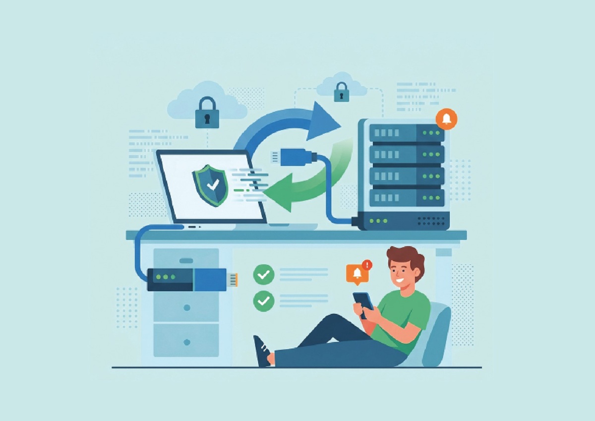 Person relaxing on the floor using a tablet beside a server rack and a laptop with a shield, symbolizing data security and backup.