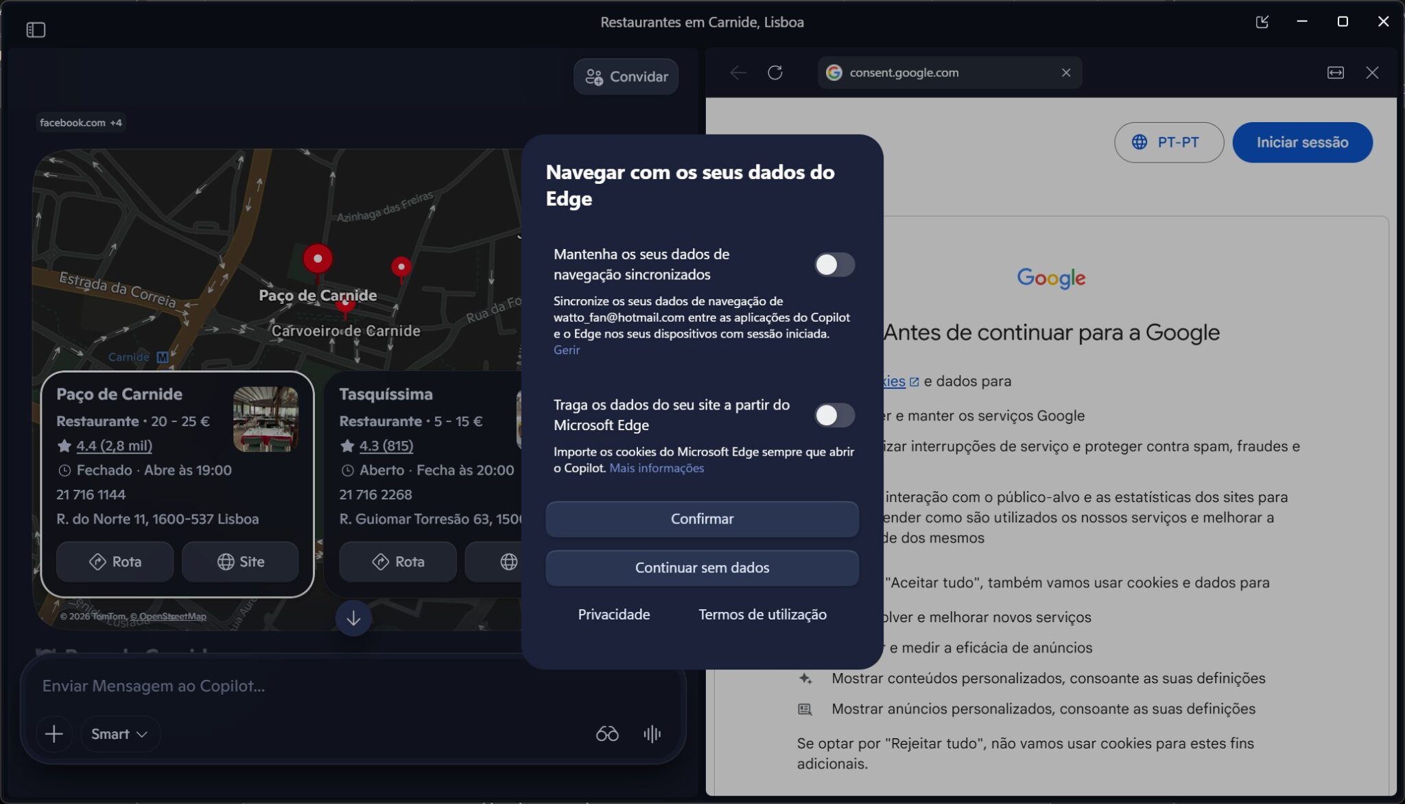 Dark Edge privacy modal explaining navigation data syncing with toggles, over a map screen showing Carnide, and a Google consent page in the background