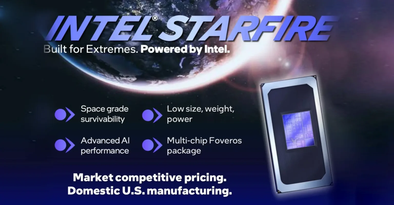 Intel Starfire promotional banner with a space backdrop and bullets: space-grade survivability; low size, weight, power; advanced AI performance; multi-chip Foveros package.