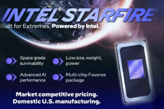 Intel Starfire promotional banner with a space backdrop and bullets: space-grade survivability; low size, weight, power; advanced AI performance; multi-chip Foveros package.