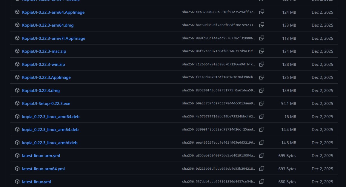 Screenshot of a dark file list showing KopiaUI downloads for multiple platforms (Linux, Windows, macOS) and formats (AppImage, deb, rpm, zip) with sizes and dates, for a software releases page.