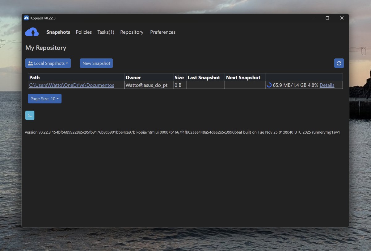 KopiaUI window displaying 'My Repository' with a single path and snapshot details (owner, size, last/next snapshot).