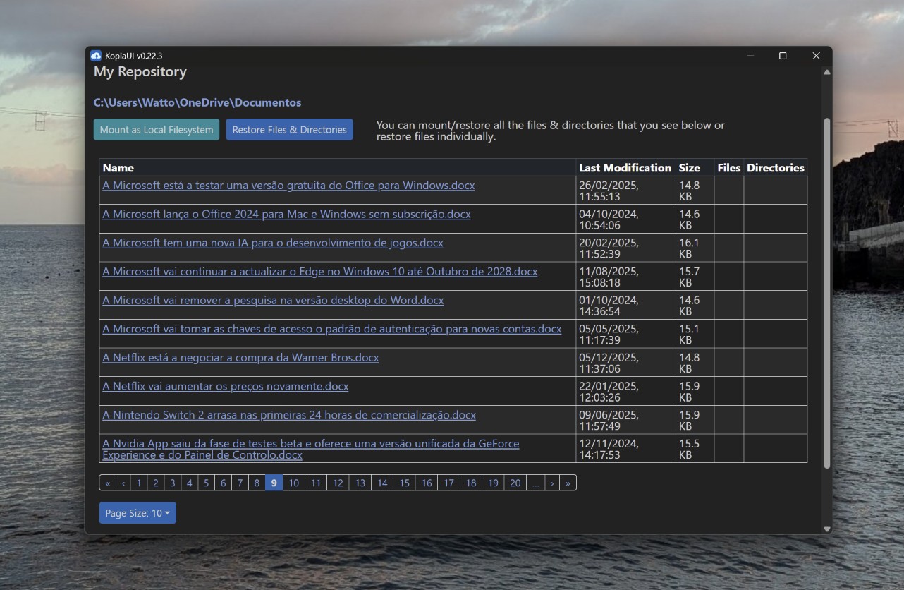 Screenshot of a dark UI window titled 'My Repository' listing document links with columns for 'Last Modification' and 'Size' and two action buttons: 'Mount as Local Filesystem' and 'Restore Files & Directories'