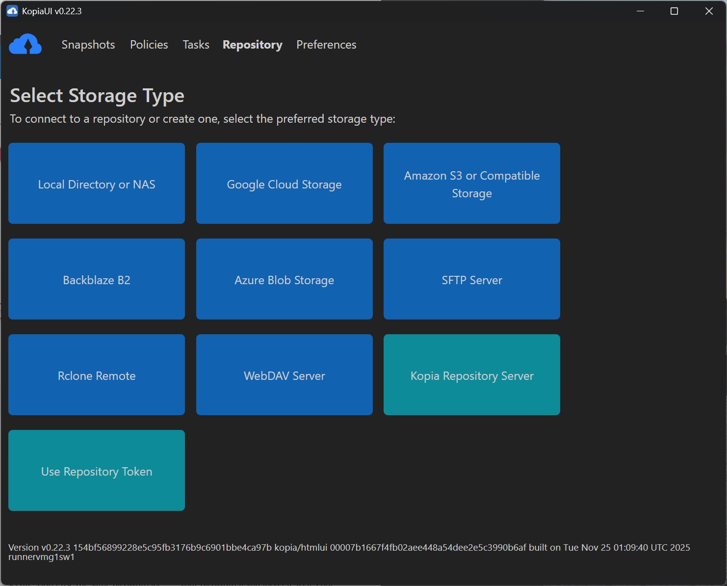 KopiaUI: Select Storage Type dialog with a grid of storage options (Local NAS, Google Cloud, Amazon S3, Backblaze B2, Azure Blob, SFTP, Rclone, WebDAV, Kopia Repository Server, Use Repository Token).