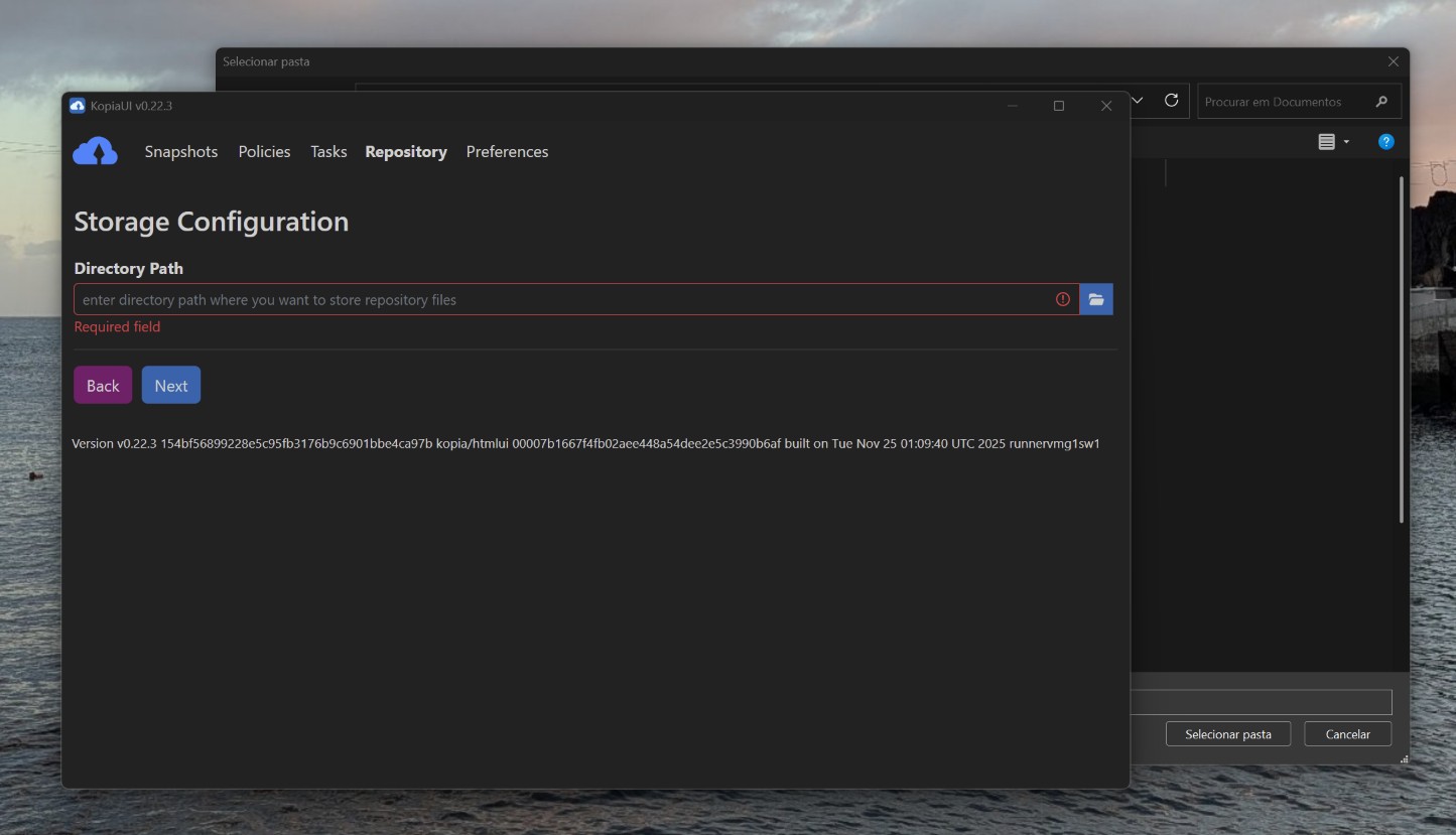 Dialog window titled Storage Configuration with a red-bordered required Directory Path field and Back/Next buttons in a dark theme.