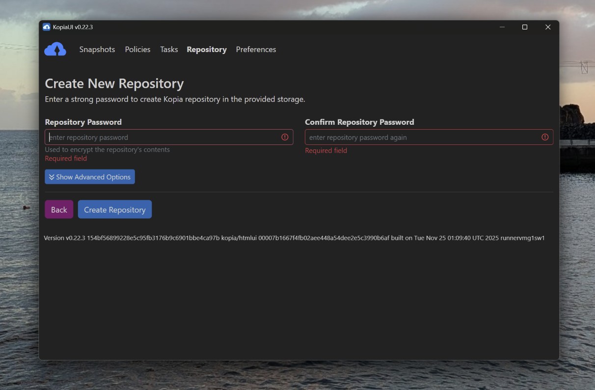 KopiaUI Create New Repository dialog with Password and Confirm Password fields, Show Advanced Options, Back and Create Repository buttons.