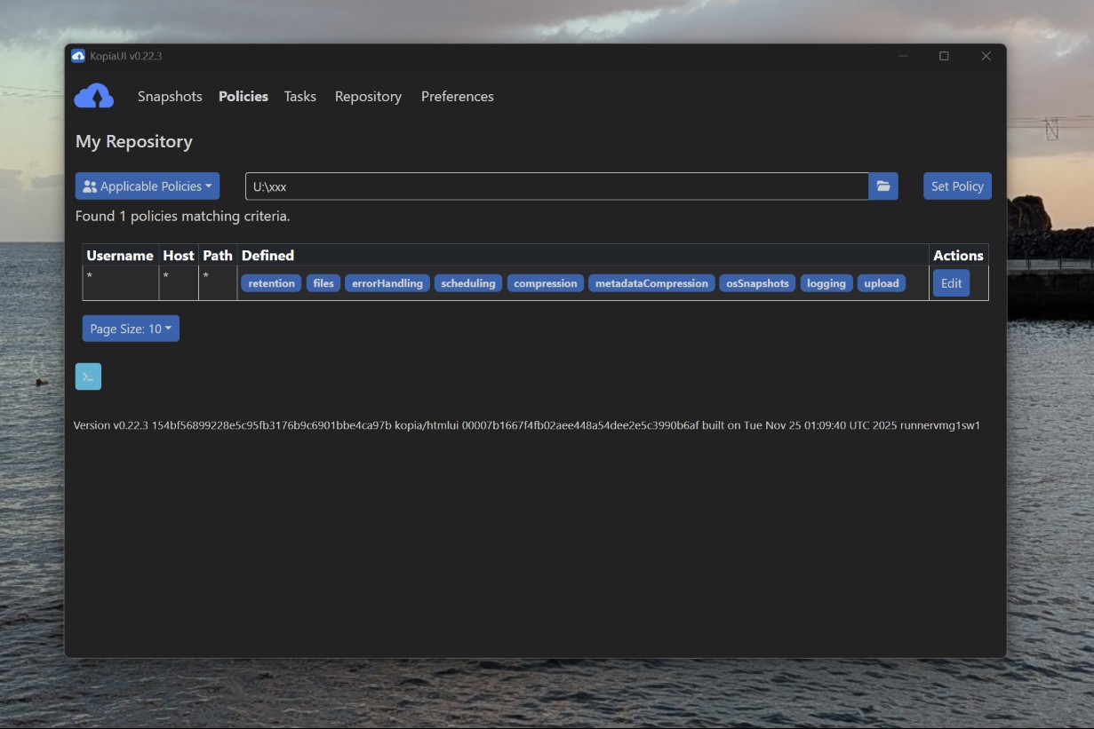 Dark app window showing repository policies interface with search field and a table of policy definitions (retention, files, scheduling, compression) and Edit button, on a desktop wallpaper background