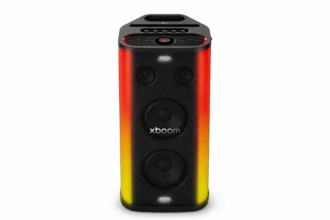 Portable Bluetooth speaker with a black front grille and red-to-yellow gradient sides, branded 'xboom' on the grille.