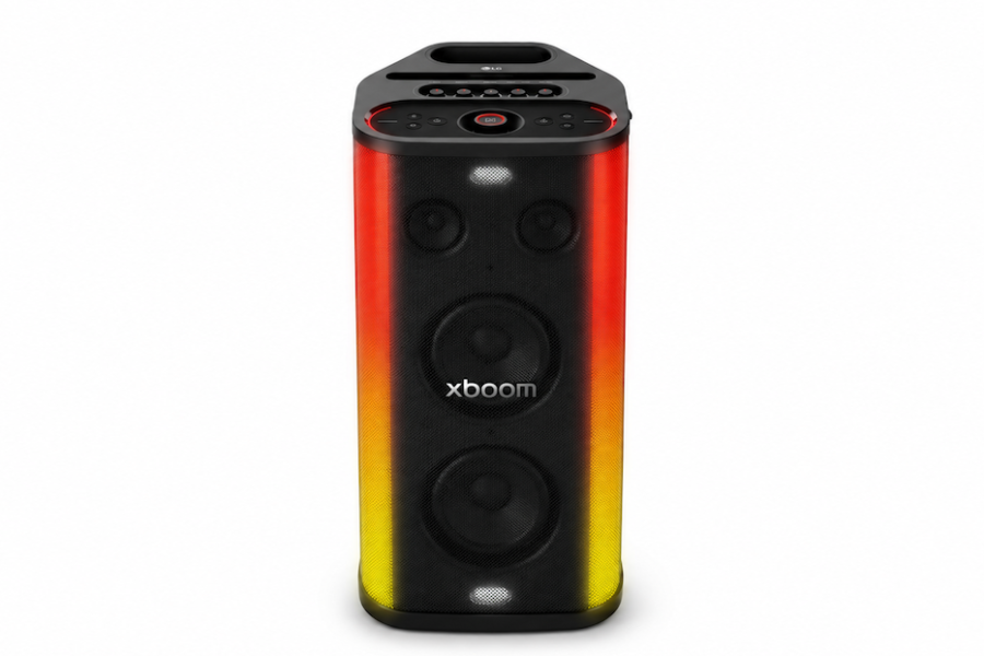 Portable Bluetooth speaker with a black front grille and red-to-yellow gradient sides, branded 'xboom' on the grille.