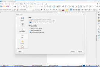 LibreOffice Writer window with the PDF Options dialog open, showing General and cross-document links settings visible.