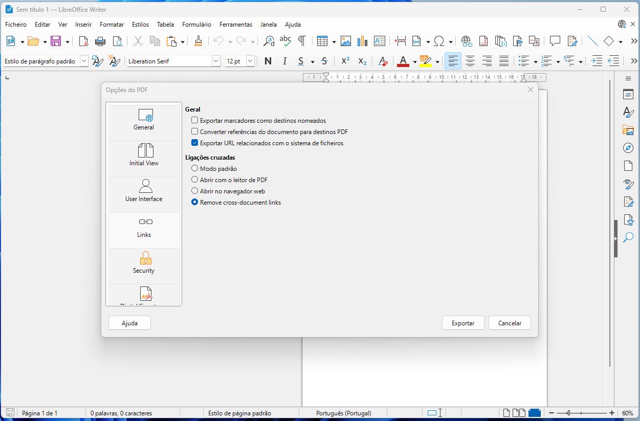 LibreOffice Writer window with the PDF Options dialog open, showing General and cross-document links settings visible.