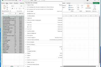 Excel window showing a Portuguese 'Personalizar Barra de Estado' (Customize Status Bar) dialog with a list of checkable status items like Página, Média, Contagem, Máximo, Soma.