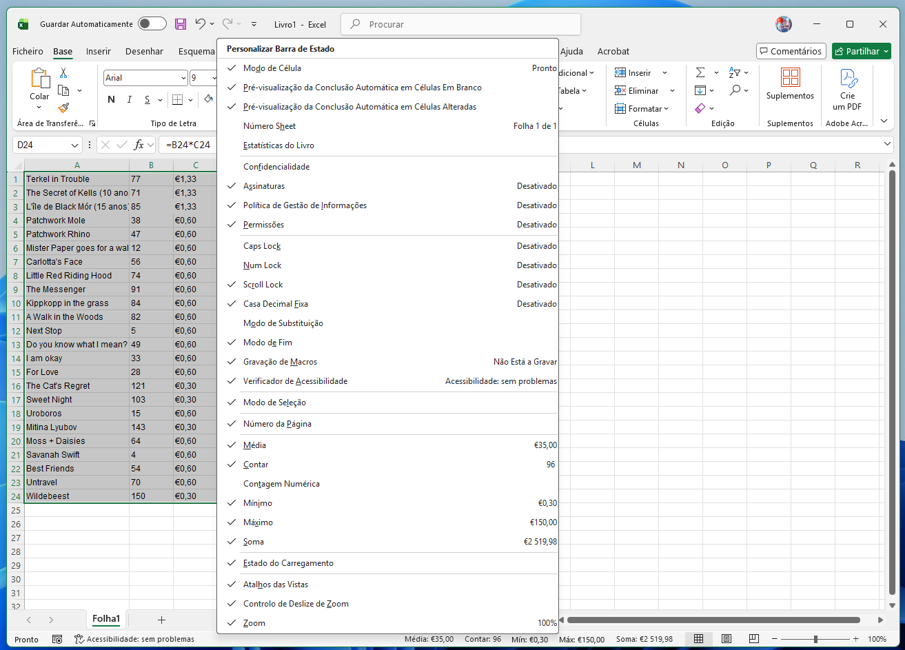 Excel window showing a Portuguese 'Personalizar Barra de Estado' (Customize Status Bar) dialog with a list of checkable status items like Página, Média, Contagem, Máximo, Soma.