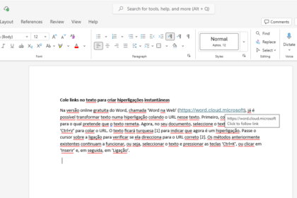 Screenshot of Word Online editor showing a Portuguese guide to creating instant hyperlinks in a document, with a sample URL tooltip